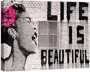 [Wieco Art] Banksy Life is Beautiful Modern Gallery Wrapped Giclee Canvas Prints Artwork Grey Love Abstract Pictures Paintings on Canvas Wall Art Ready to Hang for Bedroom Home Office Decorations