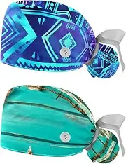 [YTYVAGT] 2-Pc,Nurse Scrub Caps,Scrub Hats with Buttons and Cotton Sweatband,Boho Style Colored Pattern