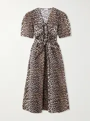 [GANNI] GANNI - Belted Bow-embellished Leopard-print Cotton-poplin Midi Dress - Leopard print - EU 40 EU 40 Animal print