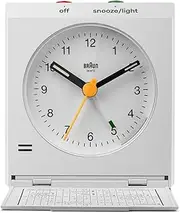 Braun Classic Analogue Travel Alarm Clock with Snooze and Light, Iconic Design, Compact Size, Folding Lid with World Time Zone Map, Quiet Quartz Movement, Crescendo Beep Alarm in White, model BC05W