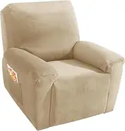 [MAXIJIN] Oversized Recliner Chair Covers Velvet Plush 4 Piece Stretch Recliners Covers for Large Recliner Slipcovers Soft Washable Reclining Protector with Side Pocket (XL Recliner, Camel)