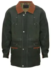 Men's Classic Green Contrast Soft Supple Suede Buff Overcoat Parka Jacket