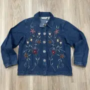 Keren Hart Jean Jacket Size L Raised Embroidered Chenille Flowers Womens