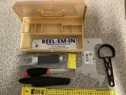 Ruler, Crab Measure,4” Bait Knife &sheath & 2 xFish Scaler &1 tray tackle box