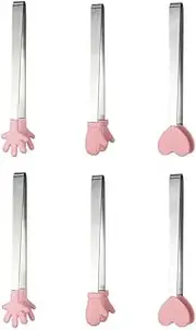 6 Pack Mini Dessert Tongs Stainless Ice Cube Clip Pink Hand Heart Glove Shape Small Non-Slip Silicone Baking Bread Tong Clips for Kids BBQ Salad Candy Sugar Kitchen Tools Food Serving Utensil