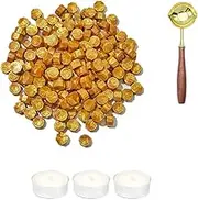 400 PCS Sealing Wax Beads for Stamp,Wax Seal Kit with 3 Tea Candles and 1 Melting Spoon,Antique Decor,Octagon Wax Pellets,for Wine Packages,Wedding Invitations,Envelope (Crown Gold)