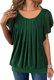 [Hotouch] Blouses Women's Short Sleeve Double Layer Mesh Crew Neck Tops Loose Flowy Cap Sleeve Tunic Summer Elegant Top