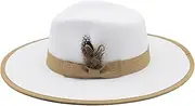 [MinnowXY] Womens White Wide Brim Flat Panama Hat Feather Bowknot Wool Fedora Hat for Autumn Winter Wide Brim Hat