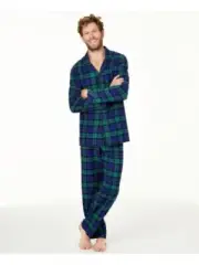 FAMILY PJs Mens Black Plaid Elastic Button Up Straight Pants Flannel Pajamas S