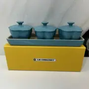 Le Creuset Turquoise Mini Cocotte 3 Piece Flower Shaped Ramekins W/Lids NIB