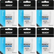 REACH Waxed Dental Floss, Unflavored, Plaque Remover for Teeth, Shred Resistant, Floss Slides Smoothly, Easy to Use, Waxed, Deep Cleaning Teeth, Oral Care, PFAS Free, for Adults & Kids, 6 Pack, 55 yd