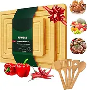 Bamboo Cutting Board for Kitchen, Extra Large Chopping Board Set with 5 Spoon, Double Sided Design Fruit Board with Juice Groove for Food Bread, Cheese, Fruits, Vegetables, Meat, Chicken(3Pcs)