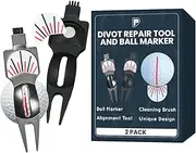 Golf Divot Tool and Ball Marker (2 Pack) with Putting Alignment Aid | 4-in-1 Golf Multi Tool with Integrated Golf Club Cleaning Brush and Ball Line Marker