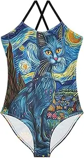 [RPLIFE] Blue Cat Under Starry Sky Girl Bathing Suits, Girls Athletic Swimsuit, Beach Apparel 3-10T with Adjustable Shoulder Strap