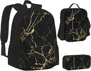 [ERCgad] Black Gold Marble Print Canvas 3-In-1 School Bags Set Backpack Lunch Bag Pencil Case Combo For Men Women, Black, One Size