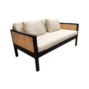 BIBA MINDI BLACK NATURAL RATTAN 2 SEATER SOFA SETTEE COUCH WITH WHITE CUSHION