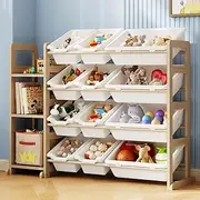 Toy Storage Organizer with 12 Bins & 3 Shelves - Solid Wood Kids Bookcase & Toy Shelf for Bedroom, Playroom, Nursery, Sturdy Storage Organizer with Bins, Kids Furniture for Toys & Books