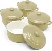 Ceramic Mini Cocotte Set, Small Casserole Dishes with Lids and Handles, Individual Baking Ramekins, Oven, Microwave & Dishwasher Safe, Stoneware, 12 oz, Set of 4 Cream KH4MC12B