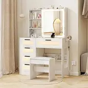 Giantex Makeup Vanity Desk w/Mirror & Lights, Dressing Table and Stool Set w/Charging Station, Sliding Mirror w/ 3-Color LED Lights, 5 Drawers, Hidden and Open Storage Shelves, White