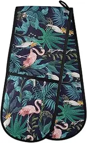 Tropical Flamingo Parrot Bird Double Oven Mitt Heat Resistant Non-Slip Kitchen Gloves Extra Long 7" x 35" for Cooking Baking Barbecue Grilling