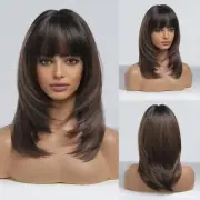 Ombre Brown Wigs for WomenHAIRCUBE Shoulder-Length Layered Wigs with Bangs He...