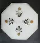 Gemstone Inlay Work Bed Side Table for Hotel White Marble Coffee Table Top 12"