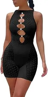 [Ｗoowayo] Hilinker Women's Sexy Mesh Sheer Sleeveless Bodycon Romper Cut Out Short Jumpsuit (X-Small, Black)
