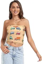 [RPLIFE] Colorful Cartoon Cars Trucks Honey Orange Tube Crop Tops for Women, Sexy Tube Tops, Mesh Tube Tops