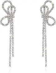 [Luxval] Rhinestones Earrings for Women silver rhinestone earrings Sparkly Long Linear Dangle Earrings Dangle Tassels Statement Earrings Bridal Wedding
