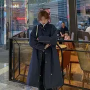 Stand Collar Plain Fleece-Lined Midi Zip Parka With Lining - Navy Blue - S