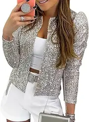 [Generic] Women Casual Open Front Sequin Jackets Cardigan Glitter Long Sleeve Short Coats Crop Blazer