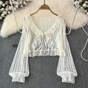 V-Neck Plain Ruffle Trim Tie Front Lace Crop Light Jacket Almond - One Size