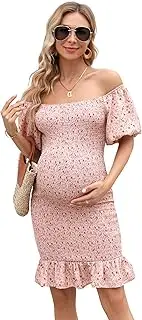 [FUNJULY] Women's Maternity Ruffle Hem Mermaid Baby Shower Dress Square Neck Puff Sleeve Off Shoulder Maternity Summer Dress