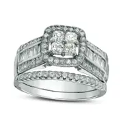 Quad Princess-Cut Lab-Created White Sapphire Frame Bridal Engagement Ring Set in Sterling Silver