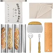 SIMTWO 7 Pack Baguette Baking Tray Set - Including French Baguette Bread Pan 4 Slots, Bread Proofing Cloth, Bread Lame, Dough Whisk, Baguette Transfer Peel, Reusable Bread Bag, Dough Scraper