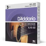 D'Addario EJ13-3D 80/20 Bronze Acoustic Guitar Strings, Custom Light, 11-52, 3 S