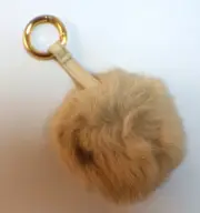 Fur Puff Gold Tone Key Chain Fob Purse Phone Charm Beige Pom Pom