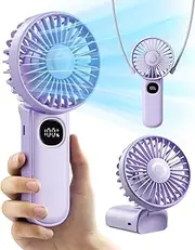 Handheld Fan, Foldable Portable Fan with LED Display, 3000mAh Battery Operated Mini Hand Held Fan, Handheld/Neck/Desk 3 in 1 Personal Small Fan for Eyelash Makeup Travel Beach Outdoor Purple
