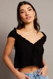 Black Textured Top Crop Short Sleeve - Size 6, Women's Top