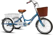 3 Wheels Adult Tricycle with Adjustable Seat Pedal Three-Wheel Bicycle 20 Inch for Men Women Complete Beach Cruiser Trike with Basket Lights Bell Cycling Pedalling