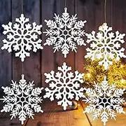 6pcs Large White Snowflakes Ornaments 12” Big Plastic Glitter Snowflake for Winter Indoor Outdoor Christmas Tree Window Room Decorations Giant Craft Snowflakes