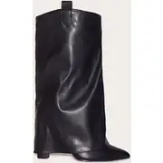 Black Wide Fit Pu Point Toe Fold Over High Heeled Calf High Boots, Black