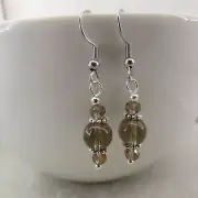 SMOKEY BROWN Bead Dangle Earrings Faceted Crystal Silver Tone Artisan Handmade