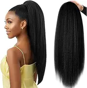 Straight Drawstring Ponytails Extension 24 inch Long Straight Pony Tails Natural Synthetic Hairpiece Clip in Ponytails Hairpieces for Women (BLACK)