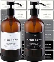 Verute 16oz Glass Soap Dispenser with Stainless Steel Pump, 21 Waterproof Labels, Non-Slip Protective Silicone Pad, Set of 2 for Bathroom & Kitchen (Amber Bottle/Black Pump)