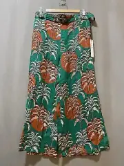 NWT Nicole Miller Women Elastic Belted Linen Hi-Rise Wide-Leg Pants Size L Green
