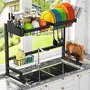 Adbiu 【Fit Sink 24"- 33" L】 2023 Version Over Sink Dish Drying Rack (Expandable Dimension) Snap-On Design 2 Tier Large Kitchen Dish Rack Stainless Steel Counter Organization and Storage