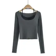 Set: Long-Sleeve Scoop Neck Plain Crop Slim Fit Tee + Halter Bra Top Set Of 2 - Halter Bra Top & T-Shirt - Black & Gray - M