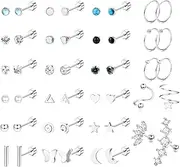 [Thunaraz] 23Pairs Stainless Steel Flat Back Stud Earrings for Women Men Hypoallergenic Cartilage Earrings Stud Hoops CZ Star Moon Heart Screw Back Earrings Tragus Daith Helix Earrings Piercing Jewelry 20G