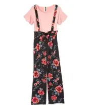 NWT Insta Girl Size 7-8 Peach Ruffle Short Sleeve Top Floral Jumpsuit Outfit Set